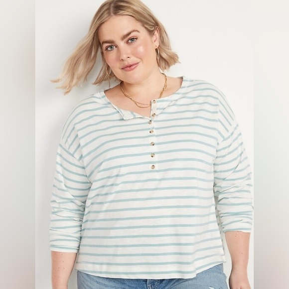 Old Navy Cropped Loose Mariner-Stripe Long-Sleeve Henley Tee- Jade- Size XXL-NWT - Picture 1 of 10